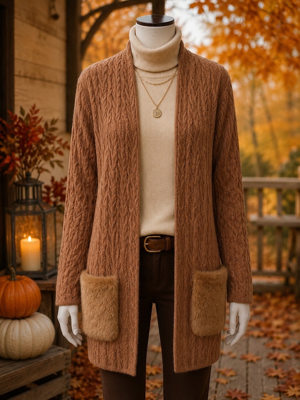 Cozy Faux-Fur Pocket Cable Knit Cardigan - Brown